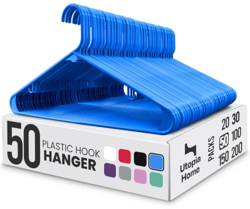Utopia Home Plastic Hangers 50 Pack - Space Saving Clothes Hanger - Durable & Strong Closet Organizers and Storage with Built-in Strap Hooks - Essential for Shirts, Pants, Skirts & Coats (Blue)