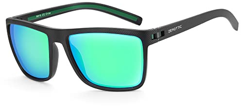 ZENOTTIC Occhiali da sole polarizzati uomo leggero TR90 montatura UV400 protezione occhiali da sole quadrati, C11 montatura nera/lente a specchio verde, L