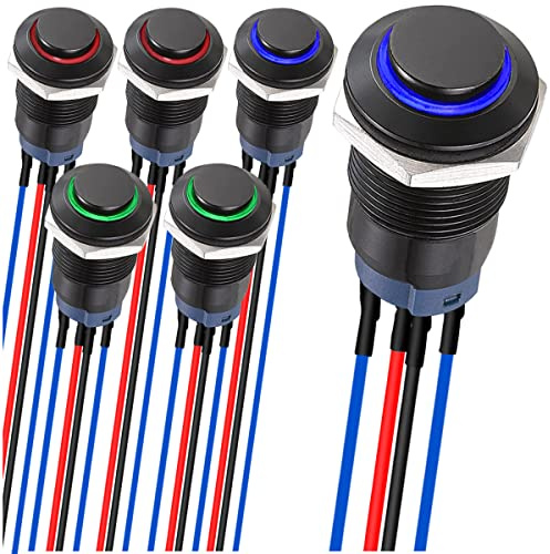 MKBKLLJY 6St. 12mm Latching led Druckknopfschalter Schwarzes Gehäuse mit Vorverdrahtung, IP65 Wasserdichter Schalter 1NO 1 Normalerweise selbstsperrend mit LED 3Farben(Rot/Blau/Grün) für Auto Boot