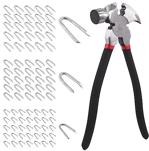 Swpeet 151Pcs Pince de clôture de 10 pouces avec tête de marteau et 3 tailles 3/4 5/6 3/2 Set d'agrafes de fil d'acier, Pinces de tirateur d'ongles, tirateur d'agrafes pour l'installation