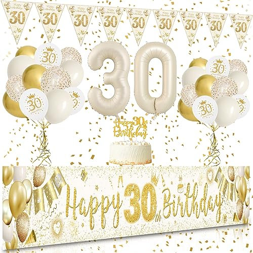 30 Geburtstag Frauen, VICTERR Sandweiß Gold Deko 30 Geburtstag Frau und Männer Geburtstagsdeko Set, Lange Größe Happy 30th Birthday Banner Hintergrund 274×37cm, Girlande Wimpel Konfetti Luftballons