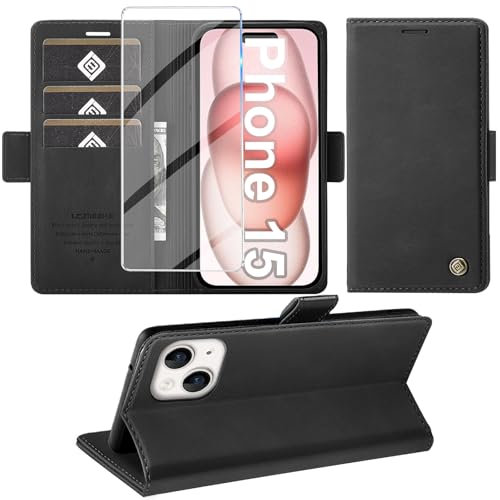 Giyer Handyhülle für iPhone 15 Hülle mit Schutzfolie, Standfunktion Kartenfach Wallet Premium Leder Schutzhülle für iPhone 15 5G 2023 Flip Case Cover Tache Stoßfeste Klapphülle (Schwarz)