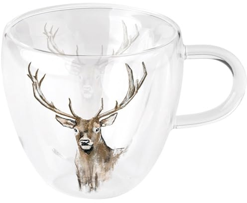 Ambiente Teetasse Tasse Mug für Heissgetränke Glas doppelwandig 0,2L Serie antlers Hirsch Jagd Landhaus