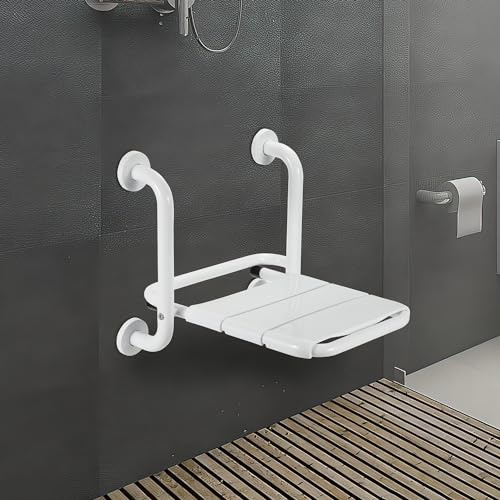 Herrselsam Wandmontage Duschsitz Klappbarer Duschsitz Duschklappsitz bis 120kg Badestuhl Duschhocker Weiß Badhocker Wandklappstuhl für Senioren Kinder