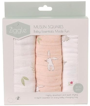Ziggle - Set mit 3 Hasen-Mullwindeln für Babys – Neugeborenen-Essentials, Babydecke, Baby-Wickeltuch, Waschlappen – Baby-Musselin-Set, umweltfreundlich, neue Mutter