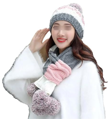 Damenhüte Herbst Winter Mützen Schal Stricken zweiteilig Frauen Cap Schal, Grau und Pnnrk, One size