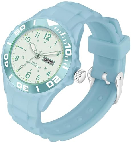 findtime wasserdichte Damen Uhr für Frauen Mädchen Studenten Candy Farbe Silikonband 24 Stunden mit Sekundenzeiger Farbiges Arabische Ziffern Analog Quarzuhr mit Datum Woche