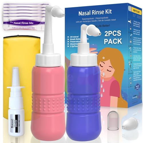 TONELIFE Kit per il lavaggio del naso con 5 miscele di risciacquo nasale, 2 ugelli morbidi, kit per la pulizia del seno nasale, flacone per la pulizia del naso con spruzzatore vuoto (blu + rosa)