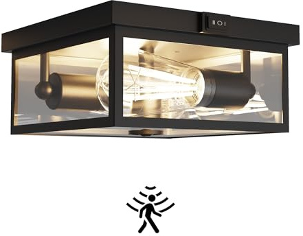 Craftersmark Outdoor Ceiling Light with Motion Sensor, Flush Mount Porch Light, Exterior Light Fixture with Clear Glass, Dusk to Dawn 2-Light Fixture for Patio,Porch (8.5 in)