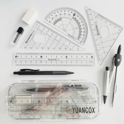YUANCOX Set di 8 righelli per matematica, compasso, goniometro, compasso, set di righelli per la scuola, righelli per studenti, compasso, goniometro, set (MathSet-8 pezzi)