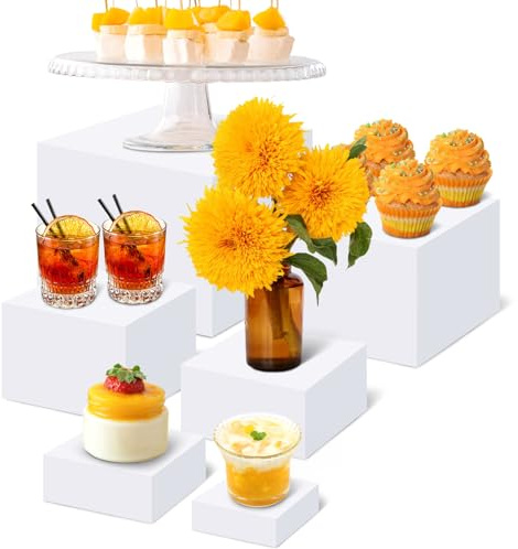 Buffet-Etageren – 6 Stück weiße Acryl-Display-Ständer in verschiedenen Größen für Buffet, Desserttisch, Catering, Schmuck oder Figuren (20 cm + 18 cm + 15 cm + 13 cm + 10 cm + 7,6 cm)
