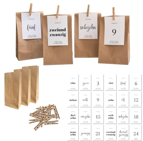 PuK Adventskalender zum Befüllen | 24 Tüten zum Selbstbefüllen | Karten schwarz weiß zum Beschreiben | Adventskalender mit Tüten | selber basteln | DIY Adventskalender Erwachsene (Set)