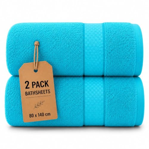 Casabella Pack of 2 Large Jumbo Bath Sheets 100% Egyptian Combed Cotton Big Beautiful Towels (2 Bath Sheet, Teal)