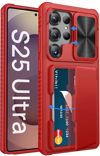 Vihibii for Samsung Galaxy S25 Ultra Wallet Case with Card Holder (4 Cards), [RFID Blocking] & Slide Camera Lens Cover & Raised Edges Protect Screen, Shockproof Case for Galaxy S25 Ultra 6.9 5G, Red