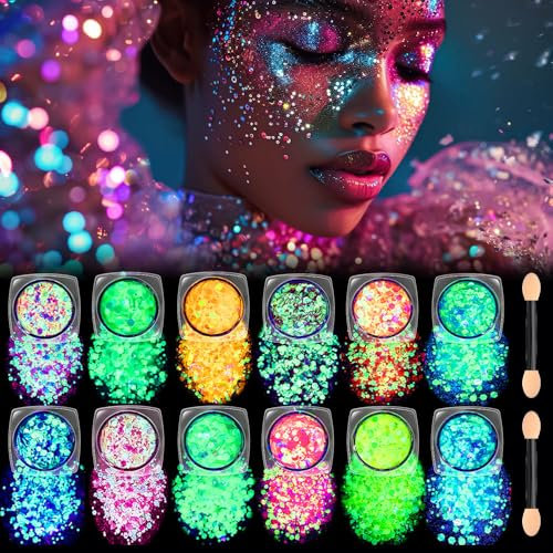 COKOHAPPY Festival Glitzer Gel für Gesicht, Körper und Haar - 12 Farben UV Fluoreszierende Glitzersteine Glitzer Kein Kleber erforderlich, leicht zu waschen, Dekoration für Karneval Schminke