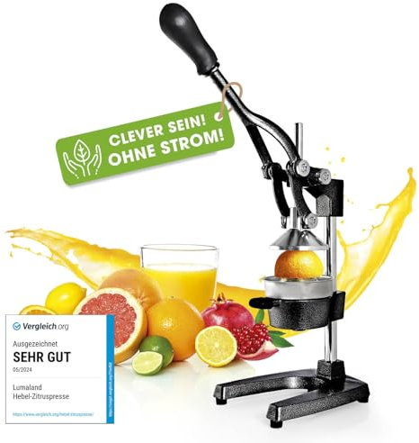 Lumaland Exprimidor de Frutas Cítricas, Manual y Silencioso, sin Esfuerzo, Prensa Manual Profesional de Hierro Fundido para Limones, Naranjas, Pomelos, Granadas y Otras Verduras y Frutas, Negro
