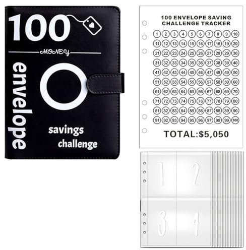 Jzoowar Geldspar-Challenge mit 100 Umschlägen, Challenge-Ordner mit 100 Umschlägen, Geldsparordner, Haushaltsbuch (Schwarz)