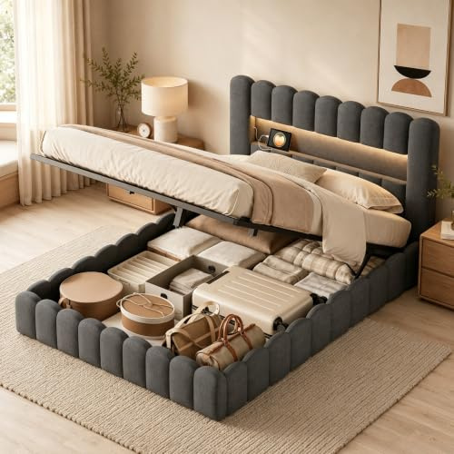 YGHQAP Polsterbett Bubble Bett 140x200cm Doppelbett mit LED und USB-Ladefunktion Hydraulisch Stauraumbett mit Eicher Rückenlehne Jugendbett, Leinen, ohne Matratze