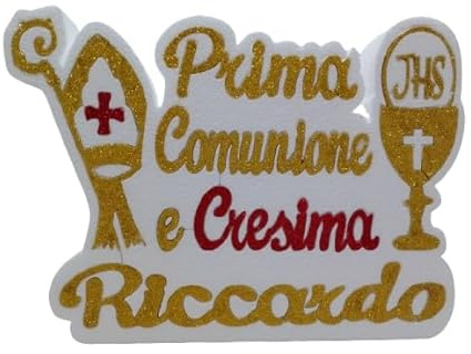 Scritta Prima Comunione e Cresima Scultura in Polistirolo 40 x 30 cm. con Calice, Cappello Vescovile e Bastone, Personalizzabile con Nome