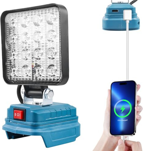 GAOUTO Lampada da Lavoro LED Ricaricabile 18V, Faro LED 27W, Proiettori Senza Fili con Ricarica Rapida USB e Tipo-C, Luci Portatili Ideali per Cantiere, Officina, Campeggio (Bianco)