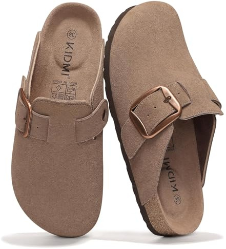 KIDMI Genuine Suede Clogs for Women Memory Foam Cork Footbed Potato Shoes Slip On Leather Mules with Big Buckle, Mocha Size 8.5-9 (40)