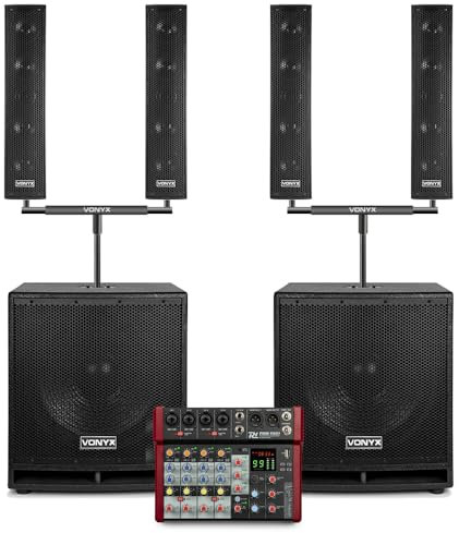 Vonyx VX880BT Active Column PA System Bundle - Bluetooth 2.1 Array Speakers, 6-Channel Mixer, Speaker Stands, Mounting Poles & Audio Cables for DJs, Bands, Events & Church PA Systems