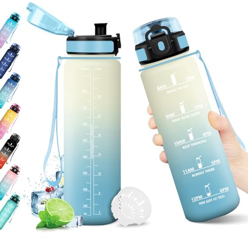 Borraccia 1L, Borraccia senza BPA, Borracce con Filtro e Indicatore del Tempo, Bottiglia Acqua Riutilizzabile, A Prova di Perdite, Borracce Sport per Bambini, Adulti, Studenti, Palestra, Ufficio