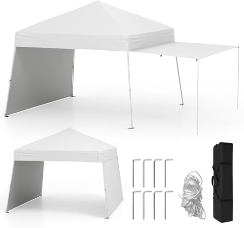 COSTWAY Gazebo Pieghevole 430 x 280 cm, Gazebo da Esterno con Pareti Laterali Convertibili in Tenda da Sole, 8 Picchetti, 4 Corde Antivento, Tendone Impermeabile per Feste (Bianco)