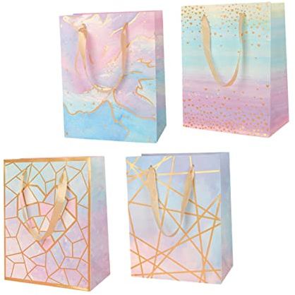BAZEITFLOW 4 Stück Geschenkbeutel mit Tragegriff Papier Taschen für Geburtstag Hochzeit und Partys Wiederverwendbare Sichere Geschenkverpackungen für Süßigkeiten Schmuck und für Verschiedene