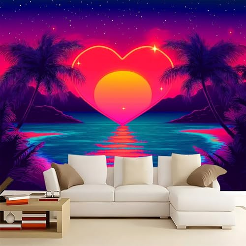 Fotomurales 3D Puesta de sol sobre el mar con palmeras 250x175 cm Papel Pintado Fotográfico, Decoración De la Pared Murales para Salón, Dormitorio, Habitación para Niños, Pared de TV