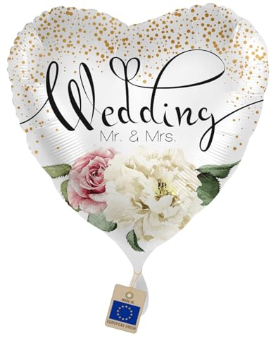Folienballon Wedding Mr & Mrs Herzballon | Hochzeitsballon Weiß Gold mit Blumen, Geschenk & Hochzeitsdeko für Brautpaar und Trauung, Helium geeignet, Made in EU