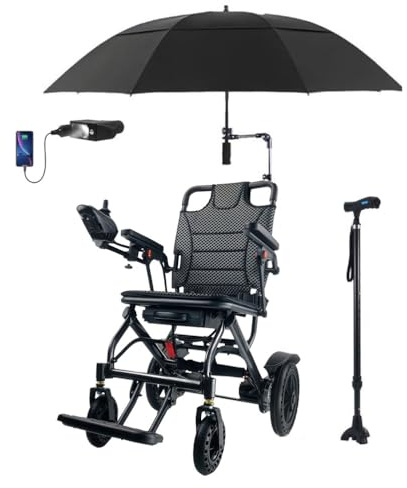 Juodkeo Motorisierter mobiler leichter Kohlenstoff-Aluminium-Elektrorollstuhl, All-Terrain-Reisegröße, Tragfähigkeit 150kg, inklusive Regenschirm, Gehstock und USB-Lampe,10ah