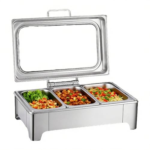 ZHIGUANYUN Chafing Dish eléctrico con Tapa de Vidrio, 9L, Recipiente Comercial para Calentar Alimentos, Temperatura Ajustable, para bufés y Fiestas. 9liters3grids