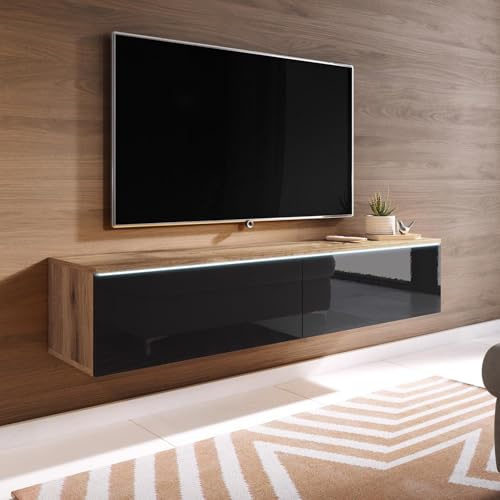 FWStyle Modern Lowboard TV Media Storage Unit with LED Lighting – Wotan Oak & Black Gloss – Wall Mounted or Floor Standing TV Cabinet with 2 Drop Down Doors