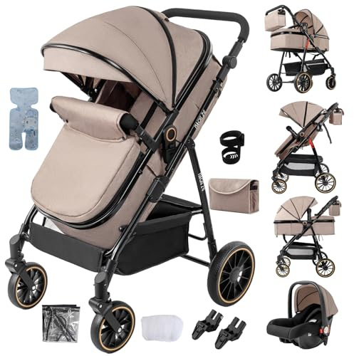 Aveainelle 3-i-1 barnvagn, resesystem lutande och vändbar, hopfällbar barnvagn med ett klick, spädbarnsbuggy med kompletta tillbehör, främre och bakhjul dubbel bromsläge (kaki)