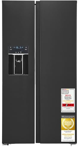 Exquisit Side-by-Side Kühlschrank 513 l, No Frost, Wasserspender | Ice-Maker, Energieklasse E, 39 dB, Inox-Look – 177,5 x 91,0 x 66,0 cm, wechselbarer Türanschlag