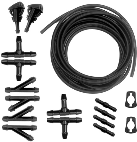 Kit de manguera para parabrisas de coche, accesorios de tubo de lavado de 500 cm, tubo universal de 5 m, fijación rápida incluye 12 conectores de manguera, 2 boquillas, 2 juntas para de lavado