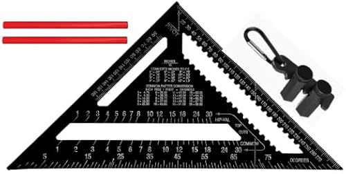 Escuadra Carpintero 300mm, 12 Pulgadas Escuadras Metalicas con 2 Lápices & Abrazadera, Herramientas de Carpintero para Medir, Marcar, Cortar (Negro)