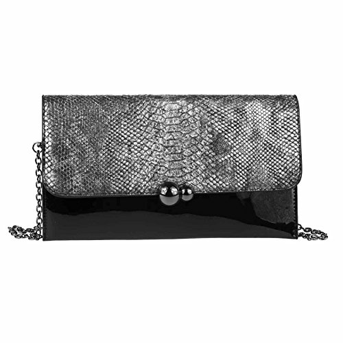 Damen Abendtasche Clutch Pochette Umschlag-Tasche Reptilprägung Kettentasche Unterarmtasche Handtasche Schultertasche Umhängetasche Silber