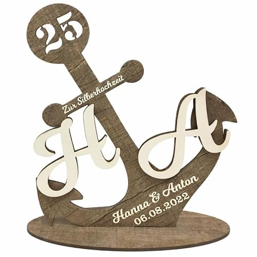 Hochzeitsanker in Holzdekor mit Gravur – Hochzeitsgeschenk & Jubiläumsgeschenk – Namen, Datum & Wunschtext – Deko zur Hochzeit, Silberhochzeit, Goldhochzeit & runde Hochzeitstage