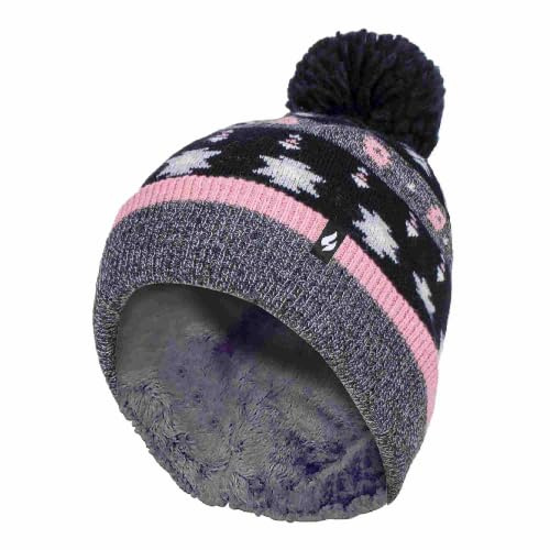 HEAT HOLDERS Bommelmütze Stricken Damen Strickmütze Mütze mit Bommel für Winter | Gestreift und Nordic Muster (One Size, Grau/Schwarz)
