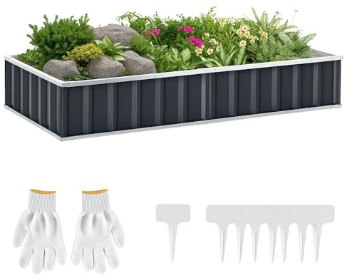 Outsunny Quadratischer Gemüsegarten ABM. 174L x 90l x 30H cm - modular, werkzeuglose Montage, Handschuhe inbegriffen - gewelltes Stahlblech Anthrazit