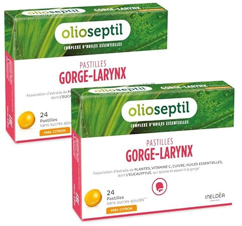 OLIOSEPTIL - Pastilles à Sucer Gorge-Larynx - Apaise et Assainit la Gorge - Sans Sucres Ajoutés - Extraits de Plantes, Vitamine C, Cuivre et Huiles Essentielles - Gout Miel Citron - Lot de 2