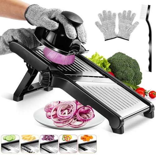 Pawchop Mandoline Food Slicer, 3 in 1 Stainless Steel Mandoline Vegetable Slicer, Adjustable Mandolin Slicers for Potato, Onion, Cucumber, Vegetable Chopper with Cut Proof Gloves and Cleaning Brush