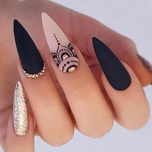 24 Stück Press on Nails Mandel Mittellang, Schwarz Matt French Künstliche Nägel, Stiletto Kunstnägel Nägel Zum Aufkleben mit Nagelkleber Aufkleber, Acryl Fingernägel Fake Nails für Frauen
