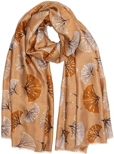 Caspar SC516 Damen Schal mit stylischem Ginko Blatt Print und goldenen Akzenten