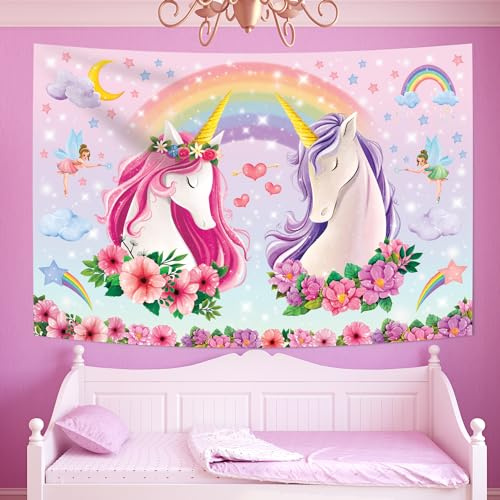 DECOWALL TP-011 Einhörner Wandteppich Kinder-Wandteppich Wandbehang für Schlafzimmer Wohnzimmer Kunst Heimdekoration Polyester 150 x 100 cm (60 x 40 Zoll)