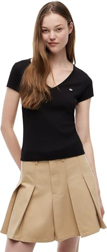 Tommy Jeans Camiseta de Manga Corta para Mujer Slim Essential Rib Cuello de Pico