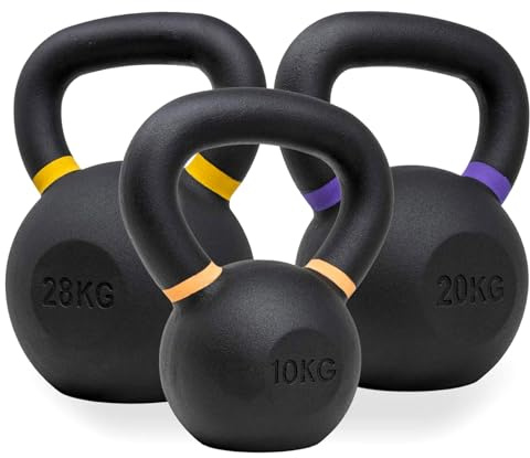 Strength Shop Kettlebell Set (10kg+20kg+28kg) Gusseisen mit ergonomischem Griff, Extrem robuste Kugelhantel mit Gewichts-Farbmarkierung & Schwarzpulver-Beschichtung, ideal für Ganzkörpertraining