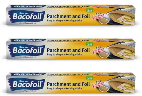Foil and Parchment Paper 2 in 1 Easy to Shape 5m x 30cm | Durable and Tear Resistant | Non-Stick Coating - Pack of 3 Rolls